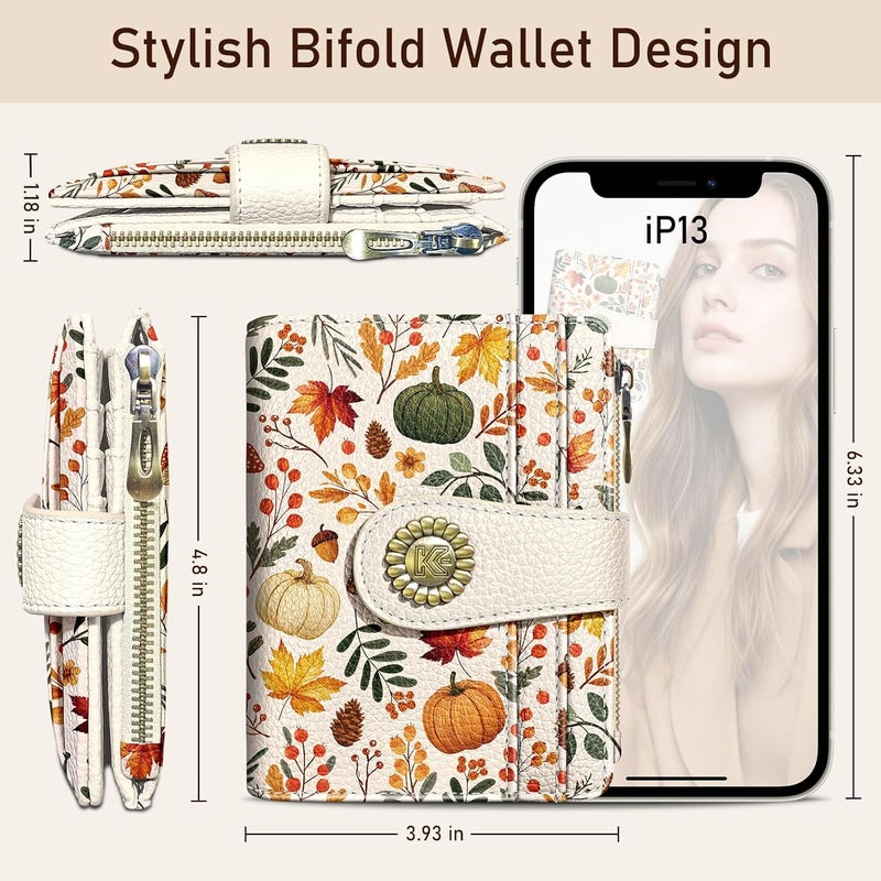 Kelvoris Pumpkin Fall Leaves Mushroom Halloween Small Rfid Women Travel Wallet Bifold Zipper Coin Pocket PU Leather Compact Cash Credit Card Holder Female Ladies Teen Girls 1 ID Window 10 Card Slots - Image 5